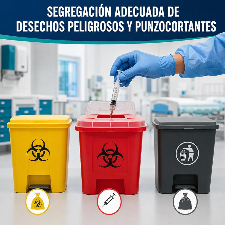 Segregación adecuada de desechos peligrosos y punzocortantes.